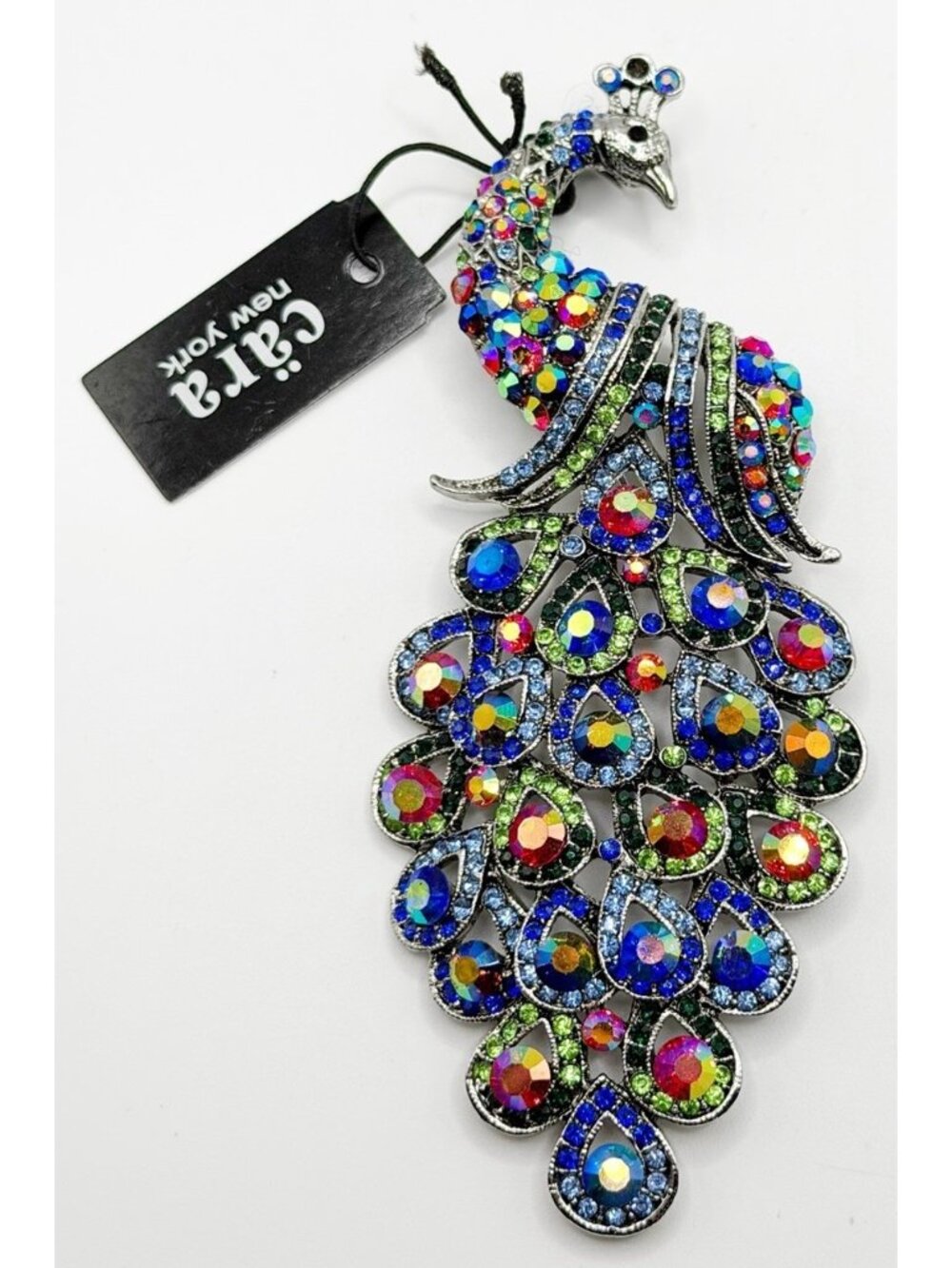 NWT Cara New York Brilliant Sparkling Designer Peacock Pin Brooch 5" H
